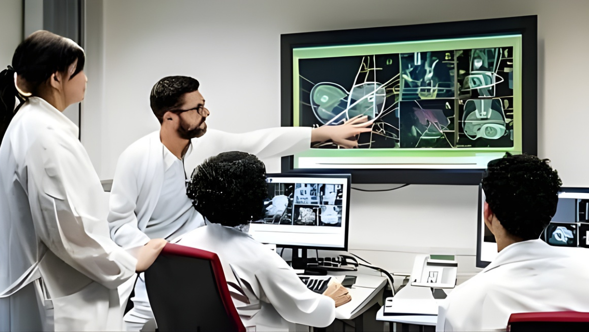 Medical team reviewing AI-assisted diagnostic images on large display in a clinical workspace
