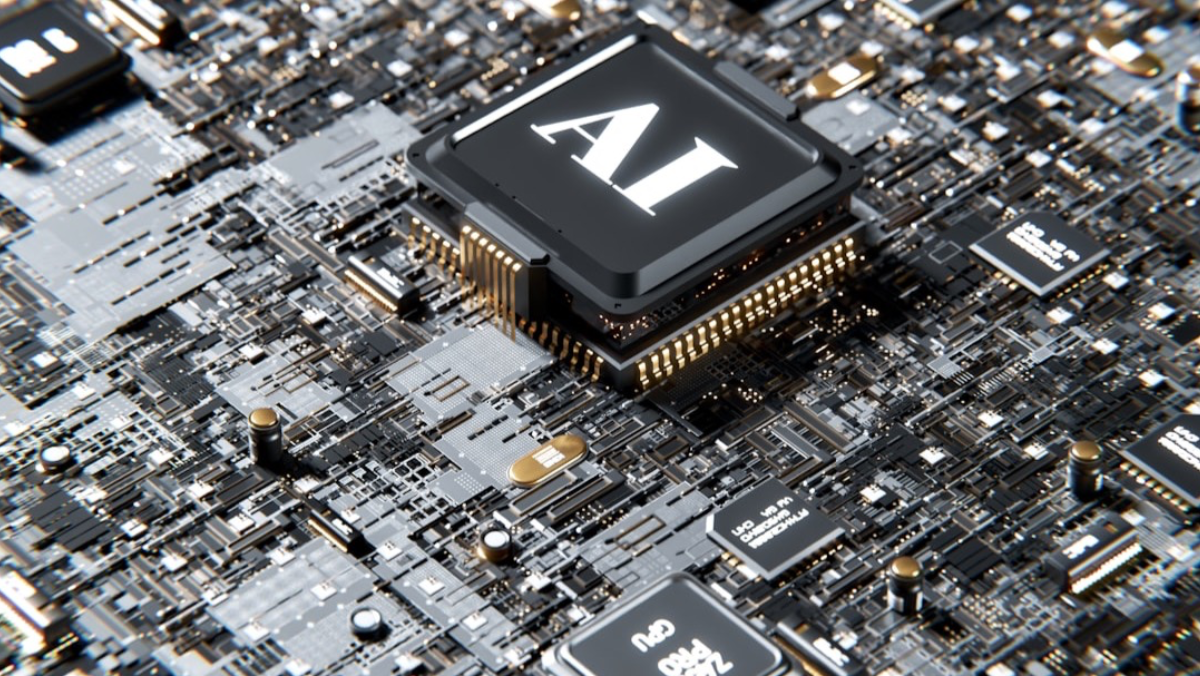 Close-up of AI processor chip on a circuit board representing medical AI technology