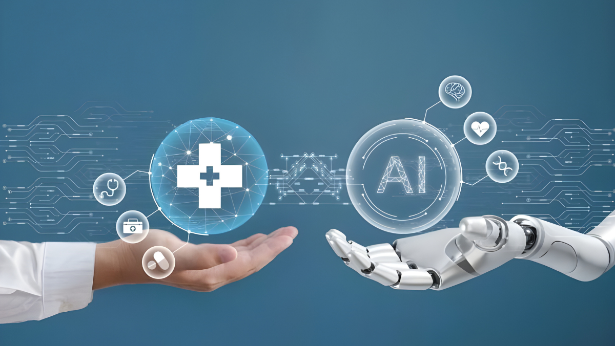 Human hand and robotic hand presenting digital icons for AI and healthcare on a blue tech background
