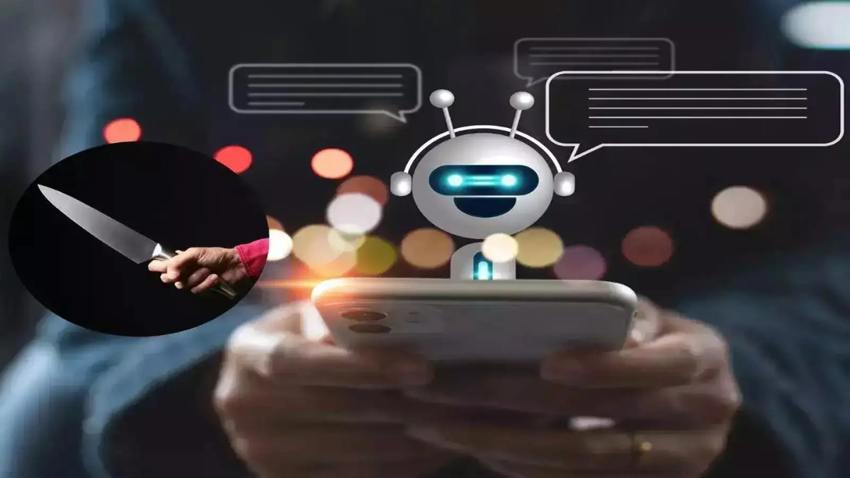 Symbolic image of mental-health chatbot on phone beside graphic of a hand holding a knife