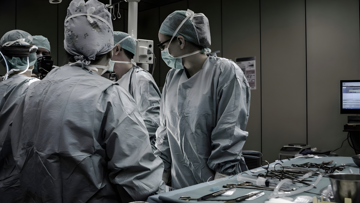 Surgical team in operating room preparing instruments with medical AI monitor in background
