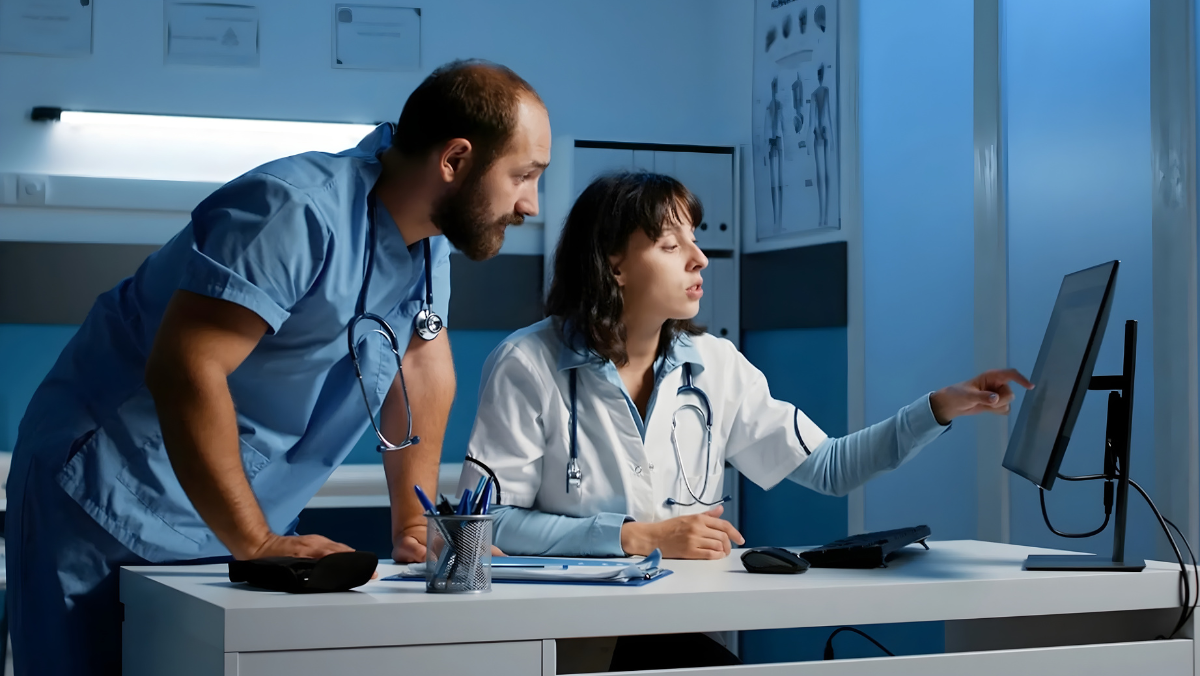 Two clinicians reviewing medical data on computer screen inside healthcare office.