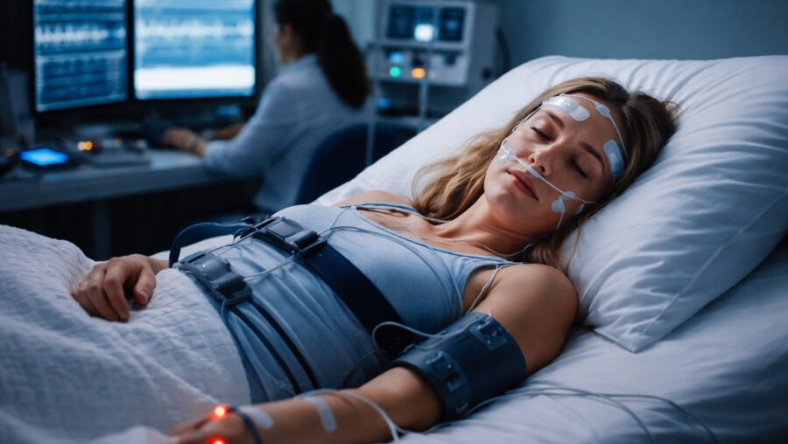 Patient undergoing a sleep study with sensors attached in a clinical sleep lab