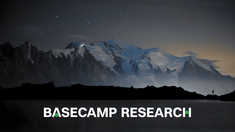Basecamp Research logo displayed against a mountain landscape background