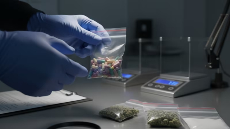 Gloved hands sorting pharmaceutical samples during drug safety testing