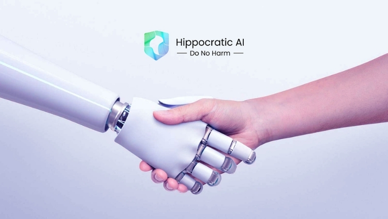 Human hand shaking robotic hand under Hippocratic AI logo