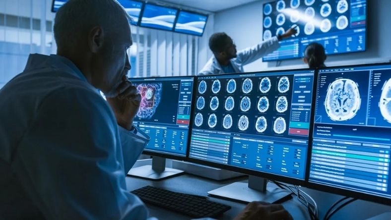 Medical team analyzing brain imaging scans on digital workstations