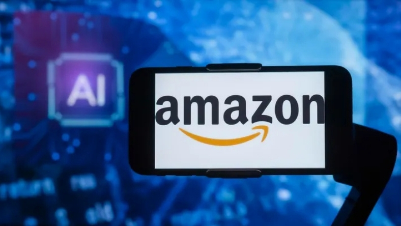 Amazon logo on mobile device against blue AI-themed background